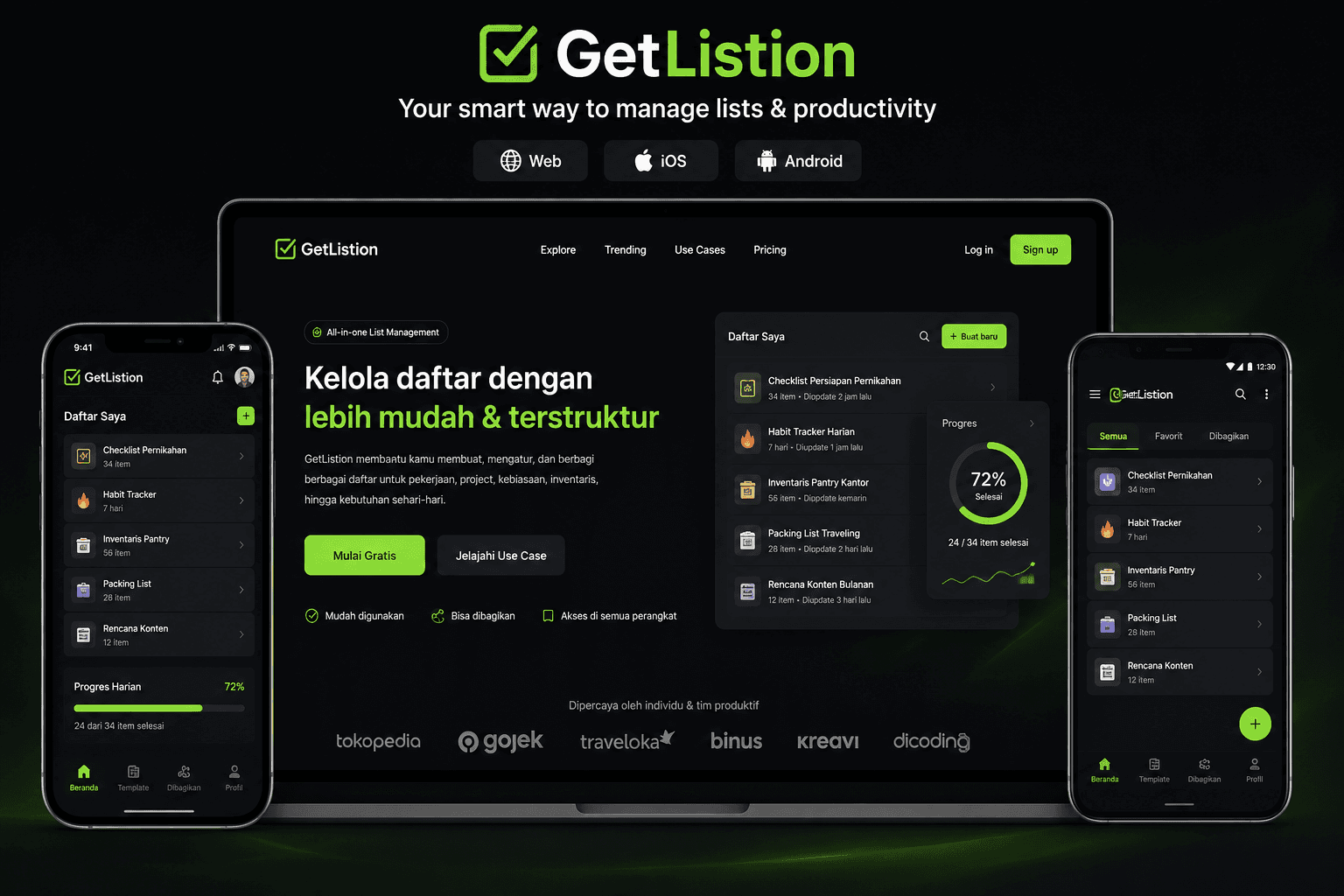 GetListion on Web, iOS, and Android